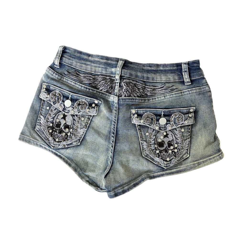 Y2K Biker Skull Wing Studded Rhinestone Denim Low Rise Shorts Blue Sz 6 McBling